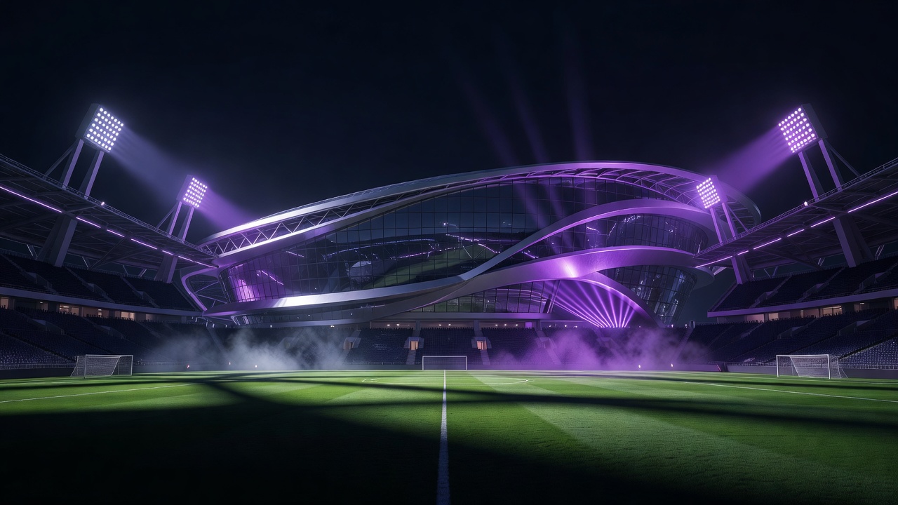 Dramatic night view of a high-tech soccer stadium illuminated under deep purple lights preparing for World Cup 2026 matches